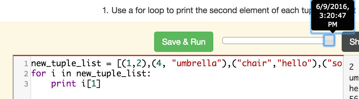 image of a bar with save and run on the left and a bar showing a timestamp of last save, later than the last, with different code